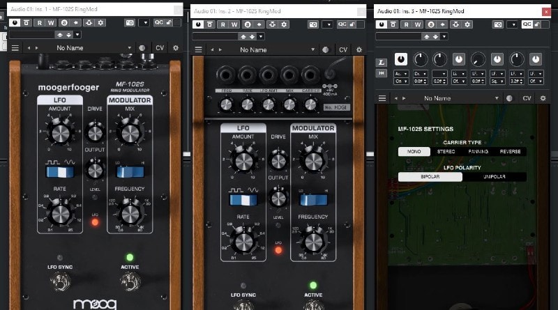 Moog Moogerfooger Ringmod in regular view (left), with CV routin enabled (center) and VST controls and routing settings enabled (right)