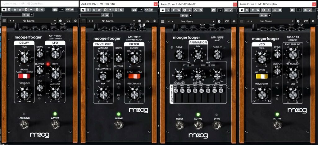 Moog Moogerfooger MF-108S Clusterflux (left), MF-101S Filter (center left), MF-105S MuRF (center right), MF-107S FreqBox (right)